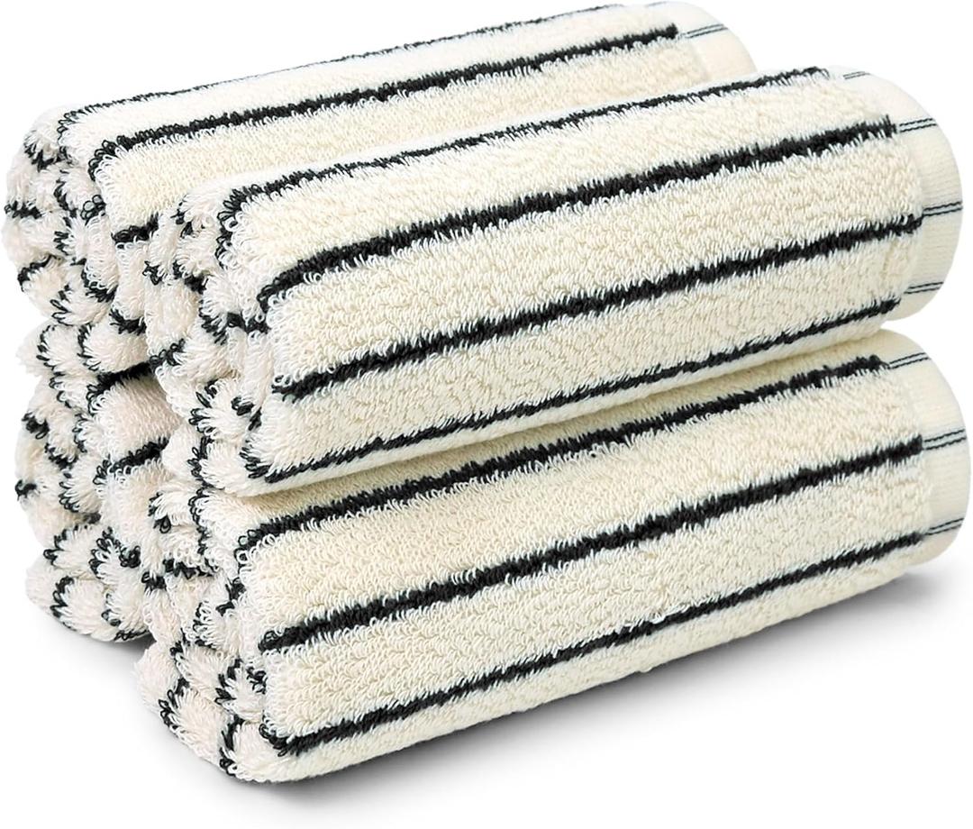 Jacquotha Striped Cotton Washcloths 4 Pack, 13 x 13 - Soft Wash Cloths for Bathroom, Kitchen, Gym, Face, Black and Cream