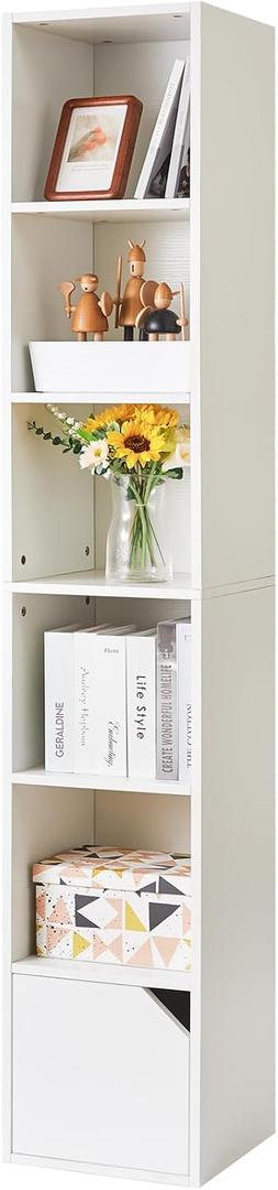 IBUYKE 6 Tier Narrow Bookcase with Doors, Cube CD DVD Storage Cabinet,Slim Media Tower Rack,Cabinet,White Bookcase Display Storage Shelves for Small Spaces,for Home Office White UWBC001W, Wood