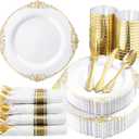 Nervure 350PCS Gold Plastic Plates - Gold Plastic Dinnerware Sets for 50 Guests - 100 Disposable Plates, 150 Silverware, 50 Cups, 50 Napkins for Wedding & Party & Father's Day