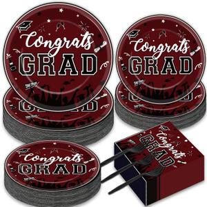 gisgfim 50 Guests Graduation Party Plates Napkins Maroon 2026 Congrats Grad Tableware Set Class of 2026 Party Supplies Disposable Plates Napkins Forks for Grad Party Decorations