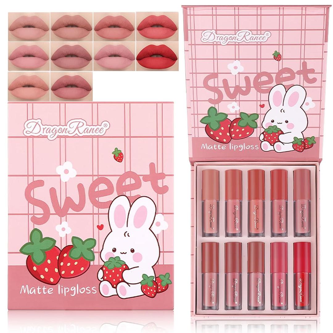 10 Pcs Matte Liquid Lipstick Set Colors Lip Gloss Kit with Long-Lasting and Waterproof Cute Lip Tint for Women and Lip Makeup Gift