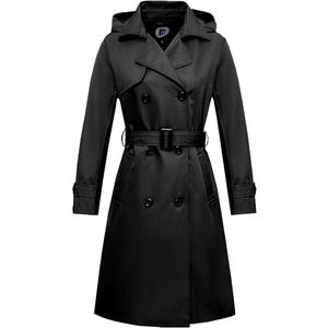 poonyfesh Women's Waterproof Long Trench Coat Double Breasted Windbreaker Classic Lapel Belted Coat With Detachable Hood Black Medium