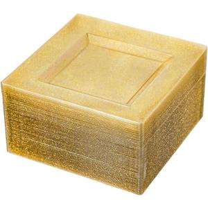 N9R 70 PCS Gold Glitter Plastic Plates, 6.5 Inch Gold Dessert Plates Disposable, Premium Appetizer Square Plate for Party, Wedding and Birthday