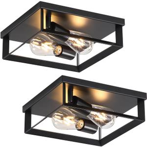2 Pack Black Flush Mount Ceiling Light, 2-Light Industrial Farmhouse Ceiling Light Fixture with E26 Base, Modern Metal Square Close to Ceiling Light for Kitchen Hallway Entryway Living Room