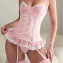Sexy Lingerie for Women Rave Outfits Lace Up Corset Bodysuit Teddy Lingerie Set with Garter Belt (Pink, L)