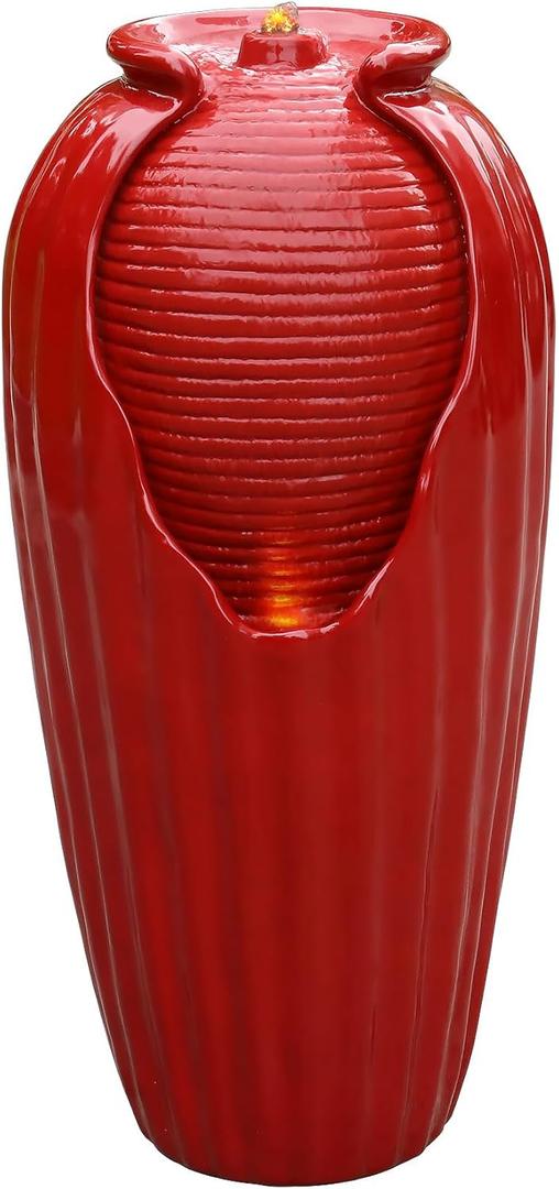 Teamson Home Glazed Vase Floor Freestanding Water Fountain with LED Lights and Pump for Outdoor Patio Backyard Deck Plant Garden Dcor, 32 Inch Height, Red