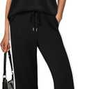 XIEERDUO 2 Piece Sets for Women Crew Neck Travel Airport Outfits Summer Fashion Clothing Cap Sleeve Tops Wide Legs Pants Set (Small, Black)