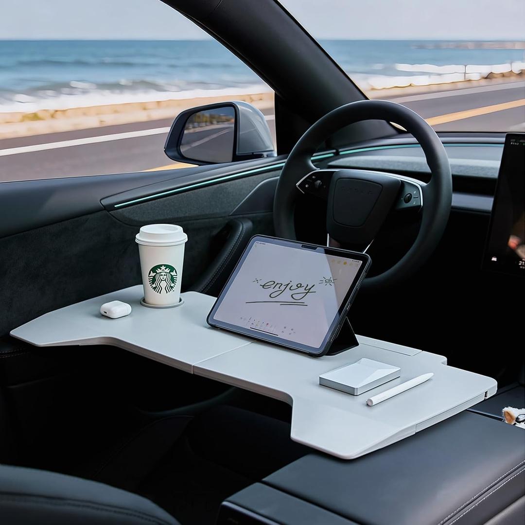 Foldable Desk Food Tray for Tesla Model Y/3/Y Juniper Upgraded Table Tray for Tesla with Support Leg, Portable Laptop Desk for Front Passengers, Ideal for Dining, Working, Makeup While Parking