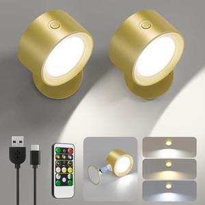 Lightbiz LED Wall Lights 2 Pcs with Remote, Wall Sconces Lamp Rechargeable Battery Operated, 3 Color Temperatures & Dimmable Magnetic 360° Rotation Cordless for Bedroom Bedside (Gold)