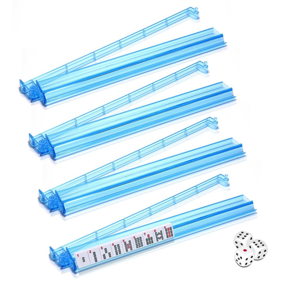 FamRica Mahjong Racks with Pushers, 4PCS Mahjong All-in-One Tile Rack and Pusher, Clear Acrylic American Majiang Tile Racks with Built-in Pushers, Blue