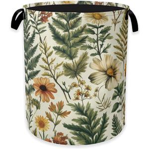 Laundry Hamper, Green Herb Leaf Laundry Basket, Farm house Wildflower Portable Collapsible Laundry Room Organization Storage for Dorm Room, Nursery, Bathroom, Bedroom, 16x20 Inch