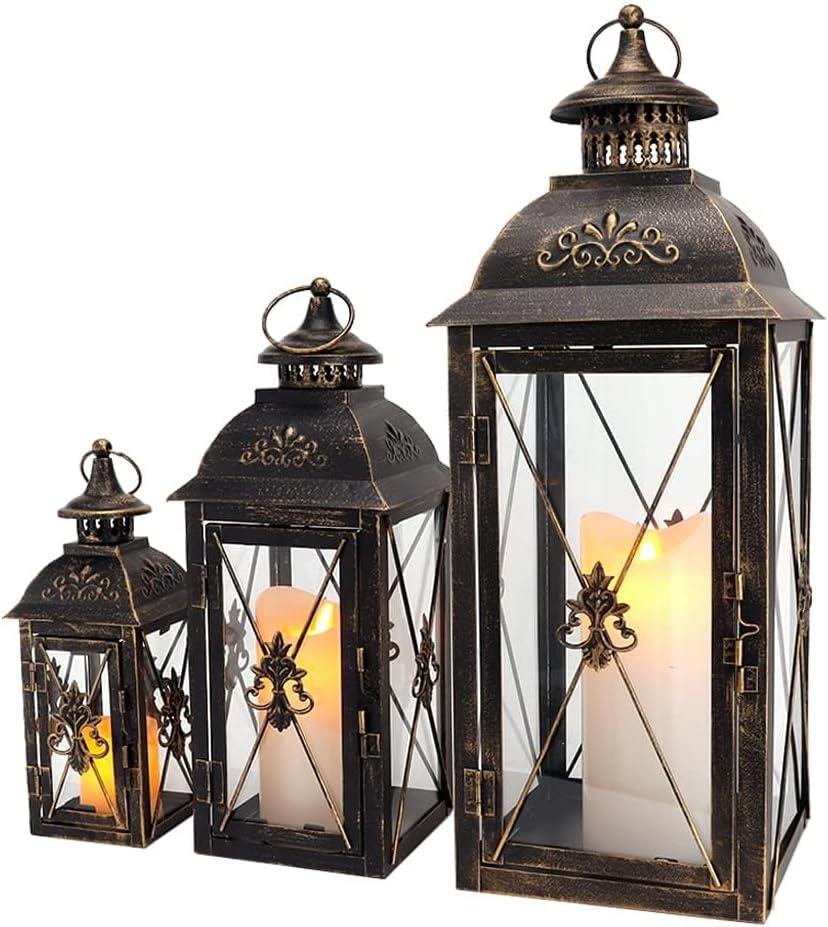 TRIROCKS Set of 3 Decorative Hanging Lantern 19'' High Vintage Metal Candle Holder with Tempered Glass Perfect for Living Room Garden Yard Patio Parties Events Indoors Outdoors (Black)