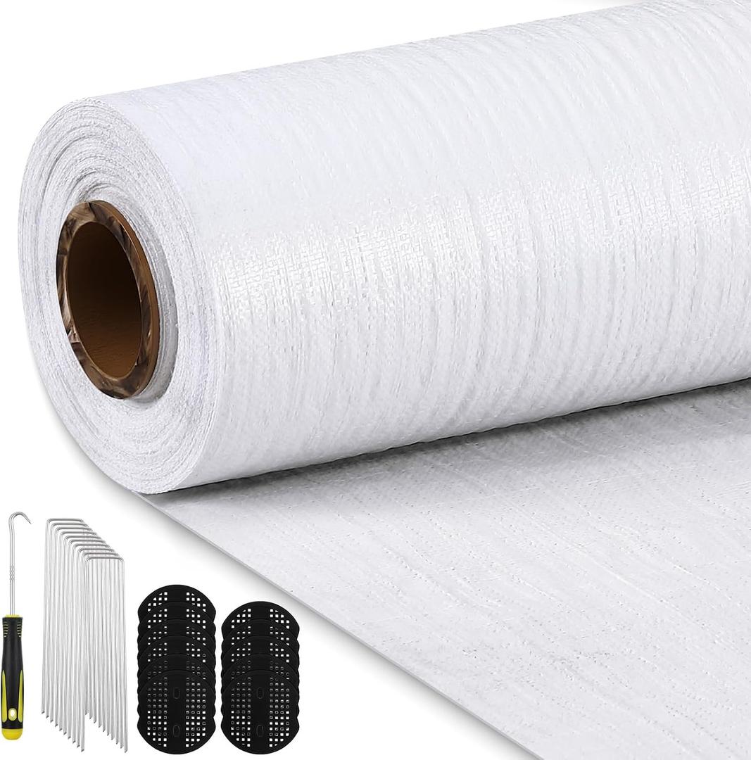 SmoothNovelty 3.2 oz 6 x 100 ft White Landscape Fabric Heavy Duty Weed Barrier Fabric Landscaping Woven UV Resistant Ground Cover with 40 Gaskets 40 Garden Stakes Pick Hook for Gardening Farming