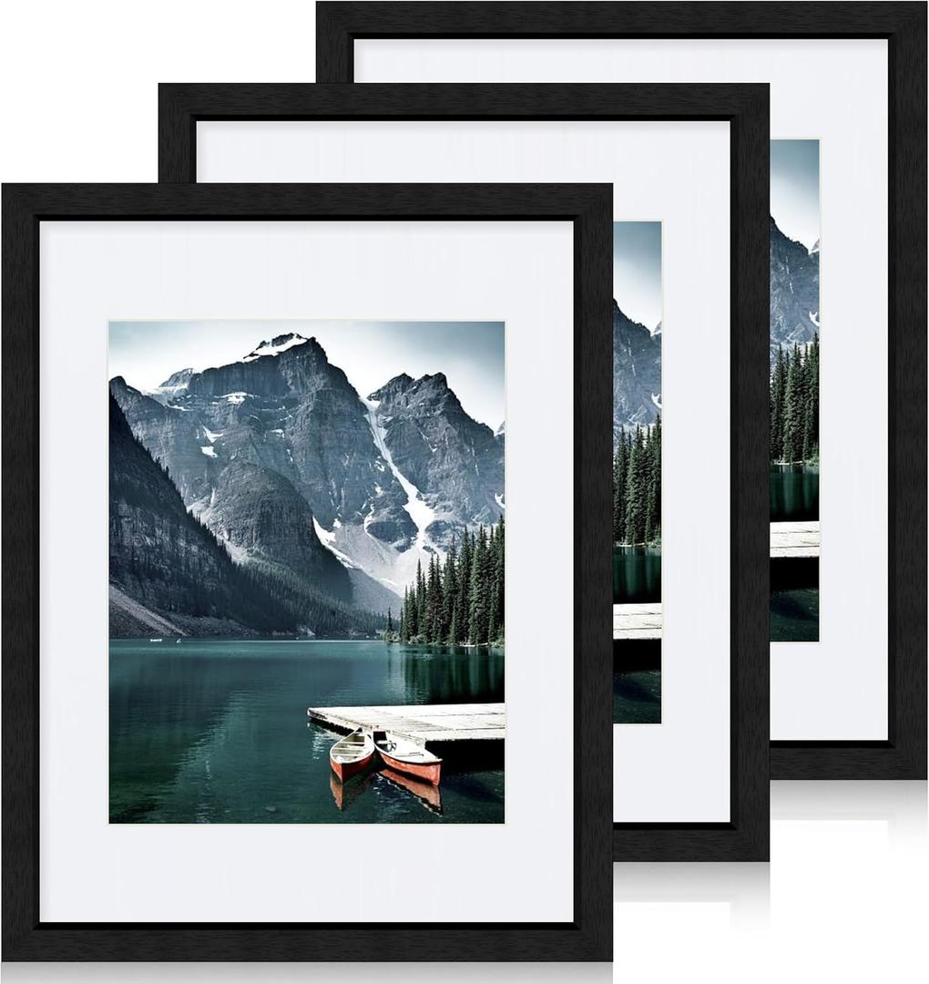 Hongkee 11x14 Picture Frames set of 3, Made of Glass and Black Wooden Photo frame - Displays 8x10 Picture with Mat or 11 x 14 Poster without Mat, Wall Collage Frame set