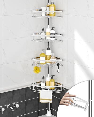 Rustproof Shower Corner Caddy Organizer for Bathroom, 4 Adjustable Shelves with Tension Pole, for Bathtub Shampoo Accessories Storage Holder, 34 to 116 Inch Height