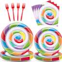 96pcs Candy World Party Supplies for 24 Guests Sweet Candy Tableware Set Lollipop Plates Napkins Dinnerware Table Decorations for Birthday Pink Donut Party Favors