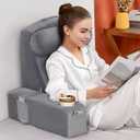 MOON PINE Reading Pillow for Adults, Memory Foam Backrest with Detachable Arms - Bed Pillow for Sitting Up, Built-in Cup Holder & Phone Pocket (Gray, 21 inch)