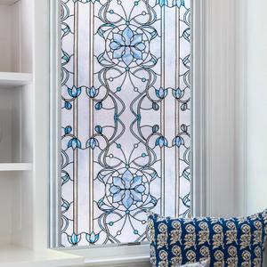 OHTMERU 3D Stained Glass Window Privacy Film, Heat Control UV Blocking Static Cling Decorative Window Film for Bathroom,Front Door,Home Non Adhesive,35.4 x 78.7 inches Azure Bloom