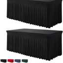 BDDC Table Skirts for Rectangle Tables 8ft - 2 Pack One-Piece Black Tablecloths and Skirt, Wrinkle Resistant Ruffles Elastic Cover for Banquets, Weddings, Events, Parties