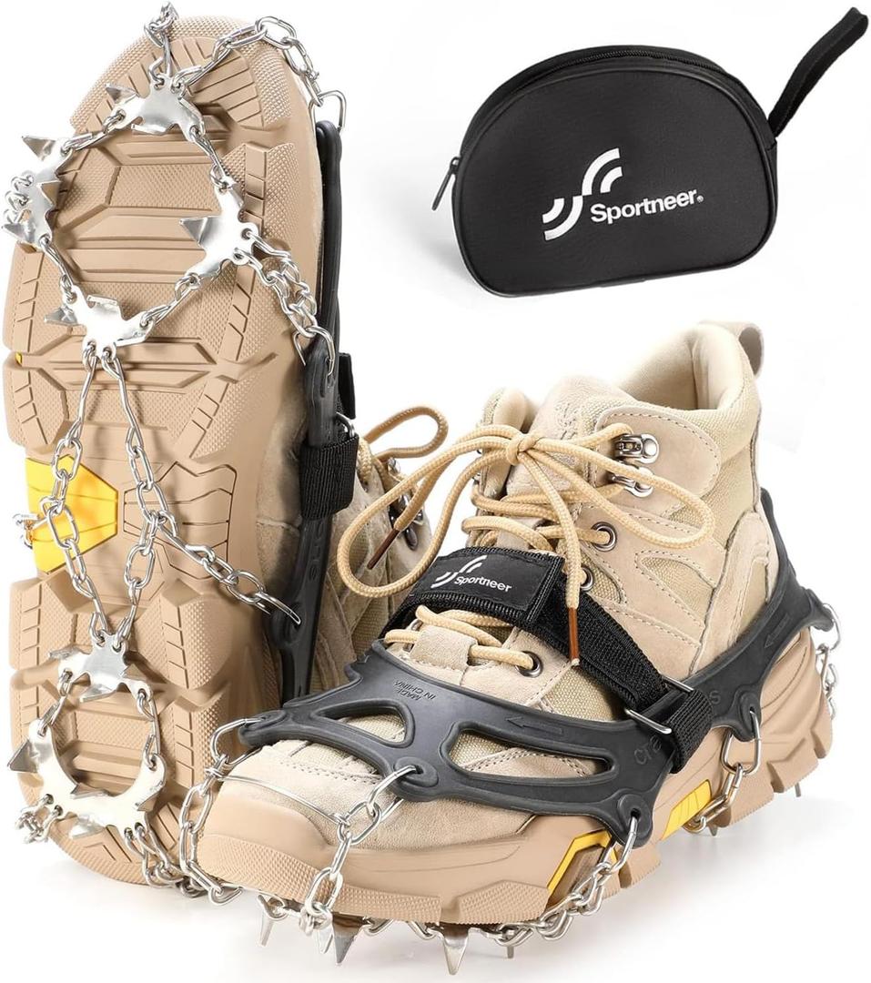 Sportneer Crampons, Traction Cleats Ice Snow Grips with 19 Stainless Steel Spikes, Ice Cleats Traction Snow Grips for Boots Shoes, Crampons Ice Cleats for Women Men Hiking Jogging Climbing And Fishing (Medium, Black)