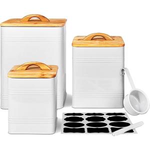 vensovo Kitchen Canister Set of 3 - Large 7 Qt Flour and Sugar Containers Airtight - White Metal Food Storage Jars with Bamboo Lids, Iron Spoon & Erasable Magnetic Labels, Farmhouse Decor for Pantry