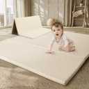 TODIBY Foam Baby Play Mat: PU Leather Waterproof Kids Playmat - Trifold Floor Mat - Large Play Mat for Playpen Thick Pad Fodable Mattress Soft Toddler Mattress Infant Cushion for Preschool (Beige)