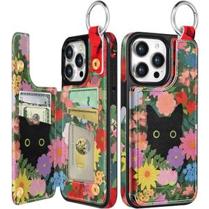 for iPhone 15 Pro Wallet Case with Card Holder, Cute Funny Designer Floral Cat Pattern Kickstand Magnetic Clasp Back Flip Folio Leather Cases for iPhone 15 Pro Phone for Girls Women,6.1 Inch