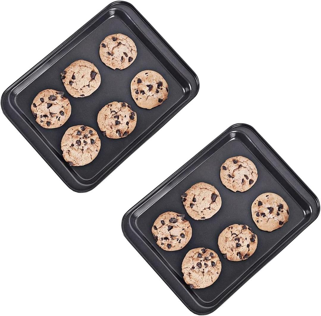 Small Baking Sheet Nonstick 9.45 X 7.09 Inch (Inner 7.5x6), 8 Inch Mini Cookie Tray Toaster Conventional Oven Pan No Warp No Rust Magnetic Bakeware for 1 to 2 person, Pack of 2 