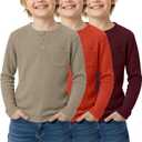 3 Pack Boy's Henley Long Sleeve Shirts Waffle Thermal Tops 5-14 Years Kids Casual Sport Sweatshirts with Pocket (7-8 Years, Khaki, Light Pumpkin, Wine Red)