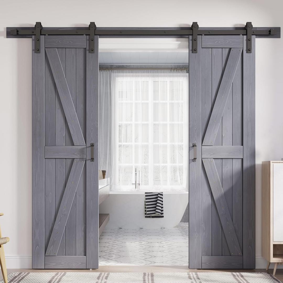 FREDBECK Gray Double 24x84 Inch Doors 48 barn Door with 8FT Barn Door Hardware Kit Included K Shape Natural Spruce DWood ouble Surfaces,Simple Assembly is Required,Grey