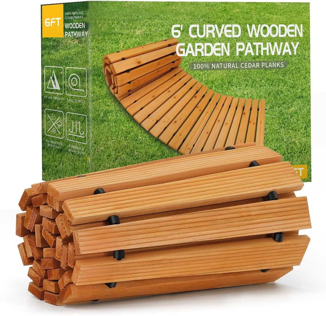 RELIANCER 6' Wooden Garden Pathway,Outdoor Roll Out Cedar Curved Walkway,Patio Path Decorative Garden Boardwalk Walkways,Weather-Resistant Roll Up Beach Wood Road Floor,Wedding Party Pathways (Natural)