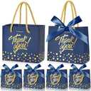 EQOREIIN Small Thank You Gift Bags 50pcs 5.5x2.5x4.7 Inches Small Gift Bags with Handles Bow Ribbon Blue Paper Bags for Party Favor, Mother's Day，Valentine's Day, Wedding, Baby Shower (Blue)
