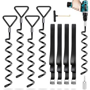 Trampoline Stakes Heavy Duty Trampoline Anchors Kit, Spiral Screw In Ground Anchors with Straps, Earth Anchors Earth Anchors Swing Set Anchors for Trampoline (4 Pack, Black)