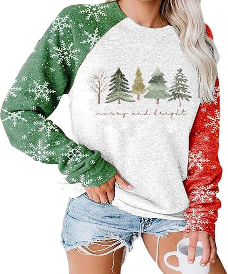 Christmas Sweatshirts for Women Merry and Bright Christmas Tree Graphic Long Sleeve shirts Xmas Holiday Party Pullover Tops (XX-Large, Red Green-1)