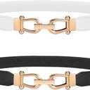 JASGOOD Women Stretchy Waist Belt Retro Elastic Skinny Belt for Ladies with Gold Buckle, S Belt, Length 27in Up to 31in, Black, White