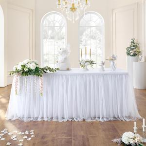 72in White Tulle Table Skirts for Rectangle Tables 6ft 4ft, 2-Layer Gold Grim Ruffle Tulle Tutu Cloth Table Skirt 6ft Long for Wedding Birthday Party Baby Shower Cake Dessert Tables(No Table Cover), 72" x 30"