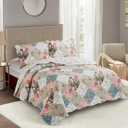 Brilliant Sunshine Peach and Olive Flowers Patchwork, 3-Piece Quilt Set with 2 Shams, Reversible Bedspread, Soft Lightweight Coverlet, All-Season, Full/Queen, Peach Olive