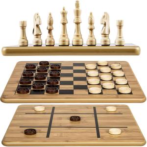VAMSLOVE Wooden Chess Checkers Tic-Tac-Toe Game Set 11.5" x 11.5" Double-Sided 3 in 1 Board with 34 Chess Pieces - 2 Extra Queens - 24 Interlocking Checkers - Storage Bag - Instructions
