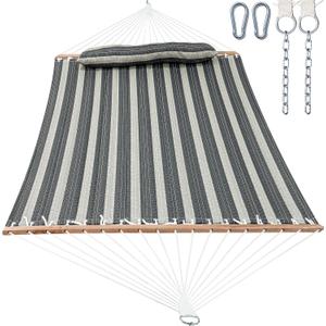 GAFETE Hammock 2 Person Quilted Fabric Hammocks for Outside, Double 12ft Hammocks with Spreader Bar, Large Removable Pillow, Storage Bag, Carabiners, Max 475 lbs Capacity (Mountain Mist Gray)