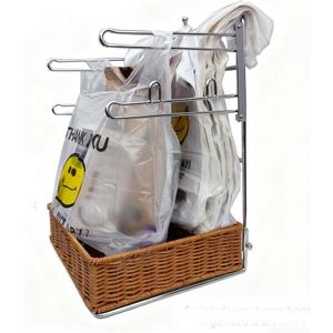 T-shirt shopping bag rack and dispenser, grocery store counter plastic bag rack with a nice wicker basket base, transforms cluttered shopping bags into a neat and easy-to-use storage solution