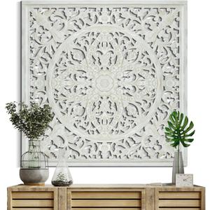 KultureDeco Large Spiritual Mandala Decor [40x40 inch] Wood Wall Hanging Decor | Above Bed Wall Decor | Living Room & Bedroom Decor Aesthetic | Zen Farmhouse Wall Art (Ceningan (White-Wash))