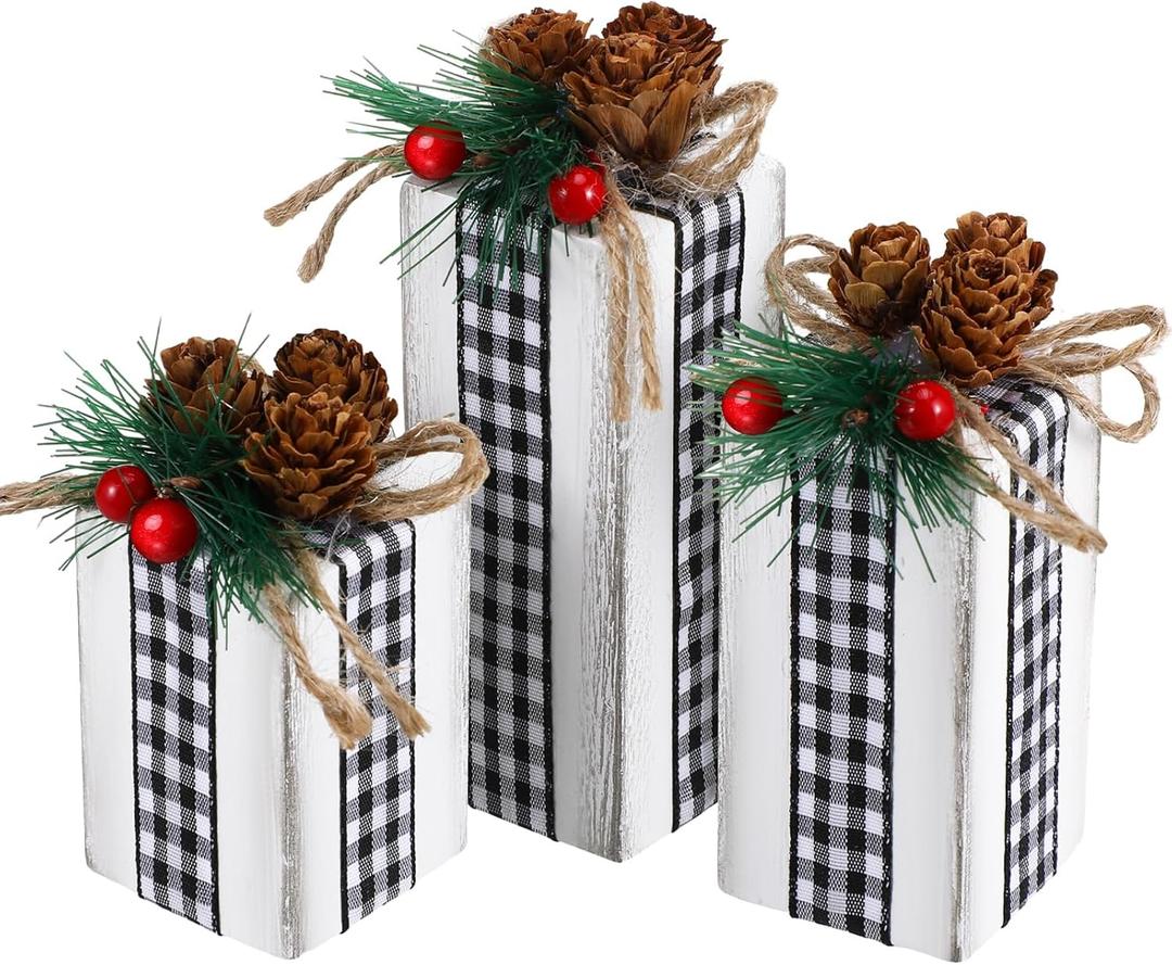 Glenmal 3 Pcs Christmas Table Centerpieces Xmas Wood Gift Boxes Decor Rustic Faux Present Blocks with Bow Ribbon for Holiday Tree Tiered Tray Decoration(Black White,Buffalo Plaid Style)