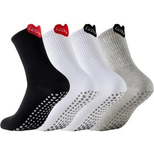 Women's Non-Slip Pilates Socks with Heart Design - 4 Pairs Crew Socks for Yoga, Barre & Workout - Cushioned Cotton with Grippy Rubber Dots - Cute & Functional