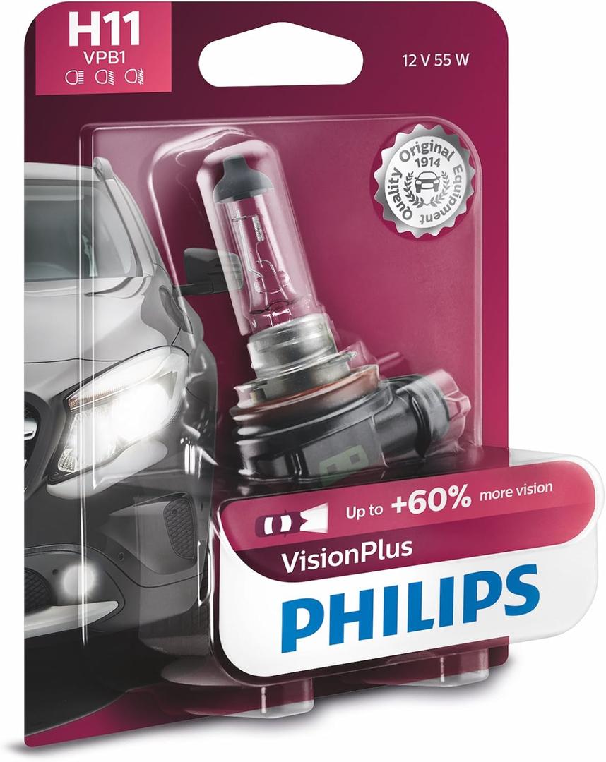 Philips Automotive Lighting H11 VisionPlus Deluxe Upgrade Automotive Replacement Headlight Bulb, for High Beam, Low Beam, and Fog Positions (1 Pack)