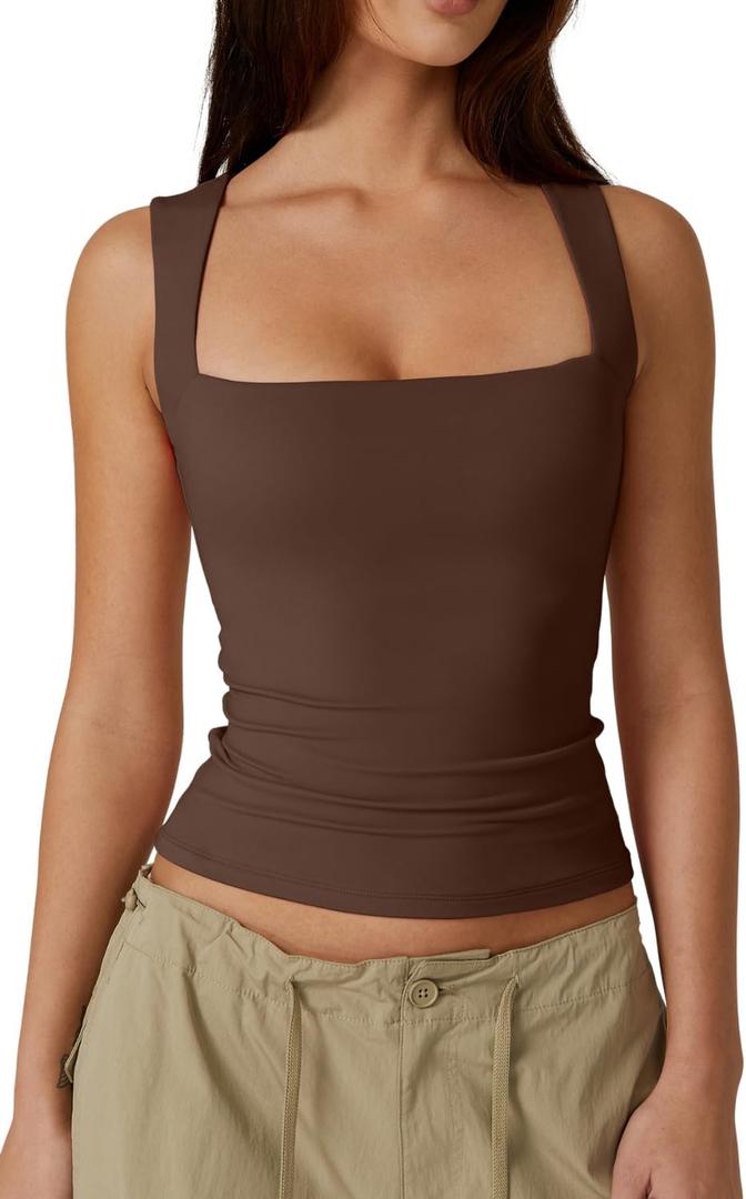 QINSEN Women's Double Layer Tank Tops Square Neck Sleeveless Basic Tight T Shirts L