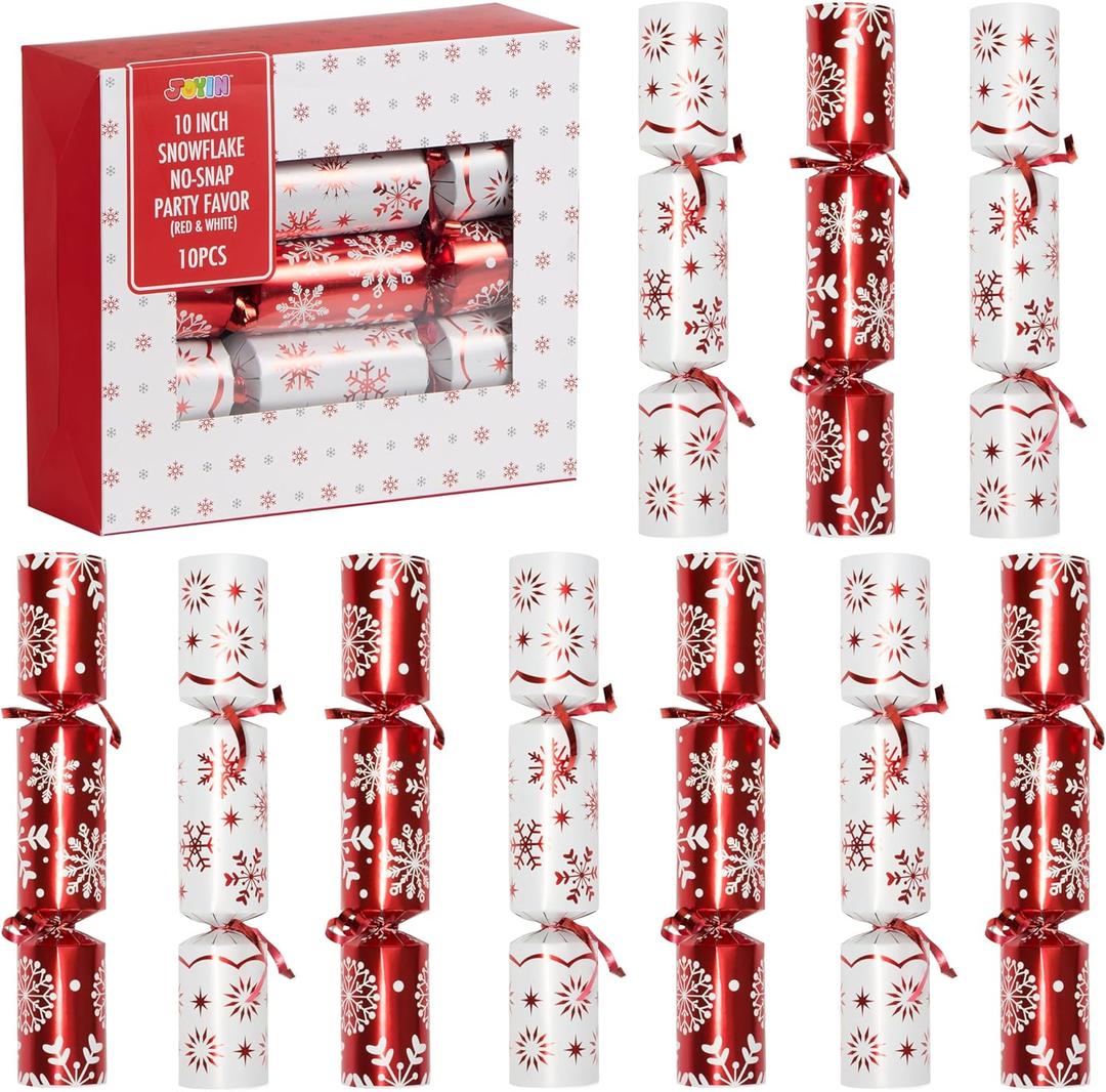 JOYIN 10 Pack Christmas No Snap Party Table Favor with Red & White Snowflake Design, with Party Hat, Joke & Little Gift Inside, for Xmas Gift, Christmas Seasonal Holiday Dinner Traditions