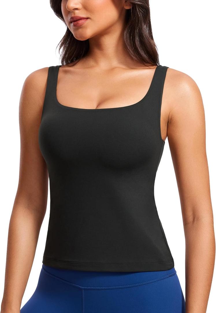 CRZ YOGA Butterluxe U Neck Tank Tops for Women - Padded Athletic Workout Camisole Crop Tops with Built in Bra Black Medium