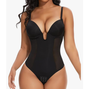 SHAPERIN Women's Backless Body Shaper Bra Faja U Plunge Low Back Thong Shapewear Tummy Control Deep V Bodysuit Size L