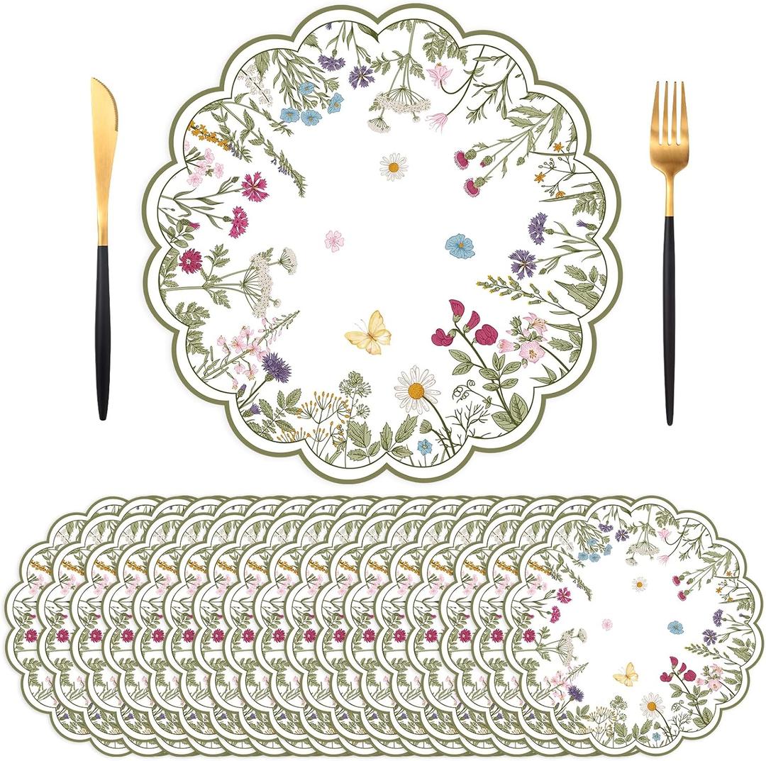 50 PCS Paper Placemats Disposable, Vintage Wildflower Place Mats, 13.5Inch Antique Herbs and Wild Flowers Table Mats for Wedding Birthday Home Kitchen Party Supplies