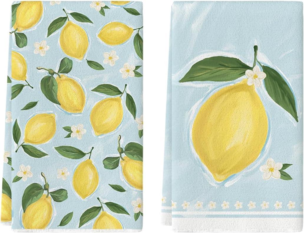 Artoid Mode Lemon Flower Summer Kitchen Towels Dish Towels, 18x26 Inch Seasonal Summer Decoration Hand Towels Set of 2